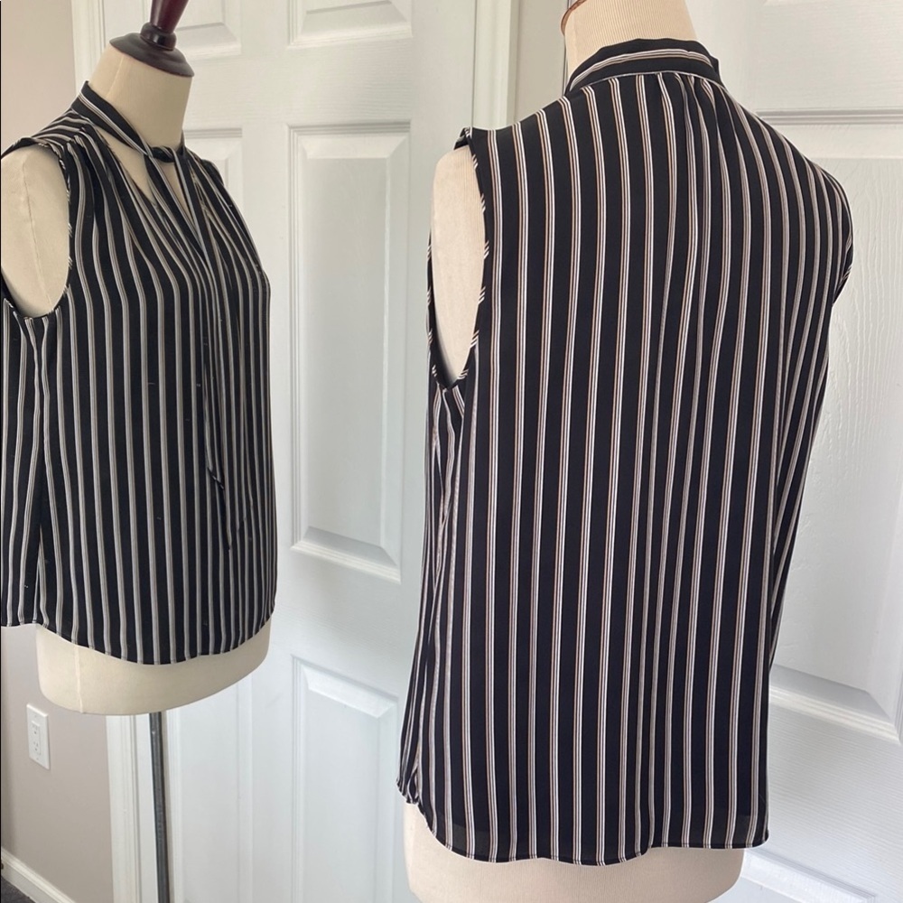 White House Black Market Striped Top Sz 4 Ball-Chain Tie-Neck Stripe Shell - Picture 5 of 9